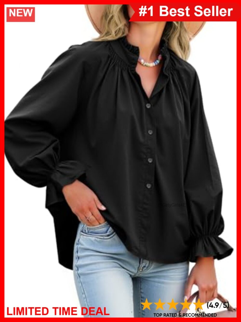 Puff Long Sleeve Button Down Blouse V-Neck Ruffle Cuff Cotton Top